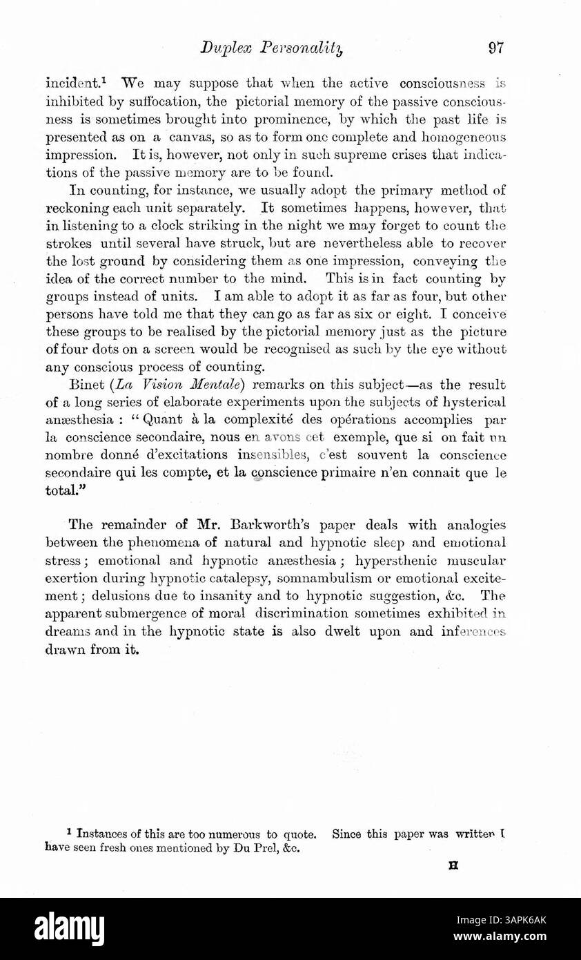 L'autore, Barkworth, esplora la relazione tra gli stati ipnotici e la coscienza normale. Esamina i casi di azioni automatiche, sia mentali che fisiche, distinguendo tra comportamenti volontari, automatici e intuitivi. Il saggio include esempi di scrittura automatica e un caso di paziente che impara ed esegue musica senza note scritte. Foto Stock