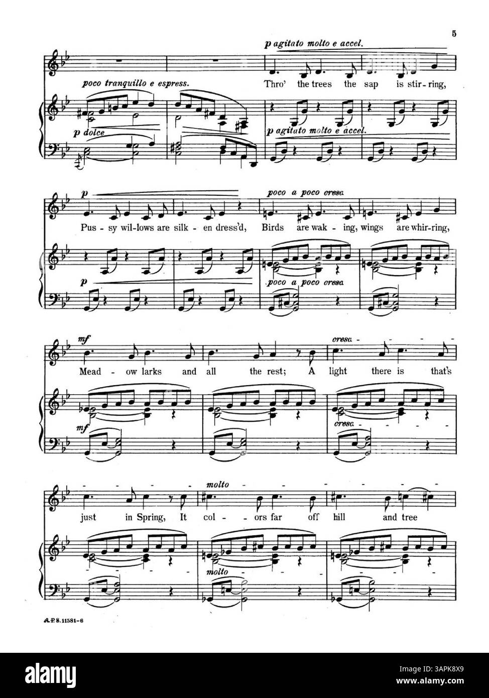 "Summons of Spring" di Florence Newell Barbour è una partitura vocale destinata al mezzosoprano o al baritono. Include il testo di Barbour, stampato prima della partitura. La quarta di copertina della partitura presenta un annuncio pubblicitario per altre opere di Barbour. La rappresentazione digitale dei colori può differire dal punteggio originale. Foto Stock