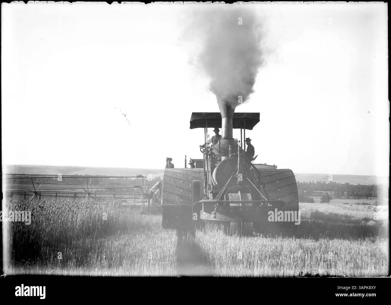 Questa fotografia di Lee Moorhouse mostra un trattore a vapore da una vista frontale, che cattura le macchine agricole dei primi anni del XX secolo. Foto Stock