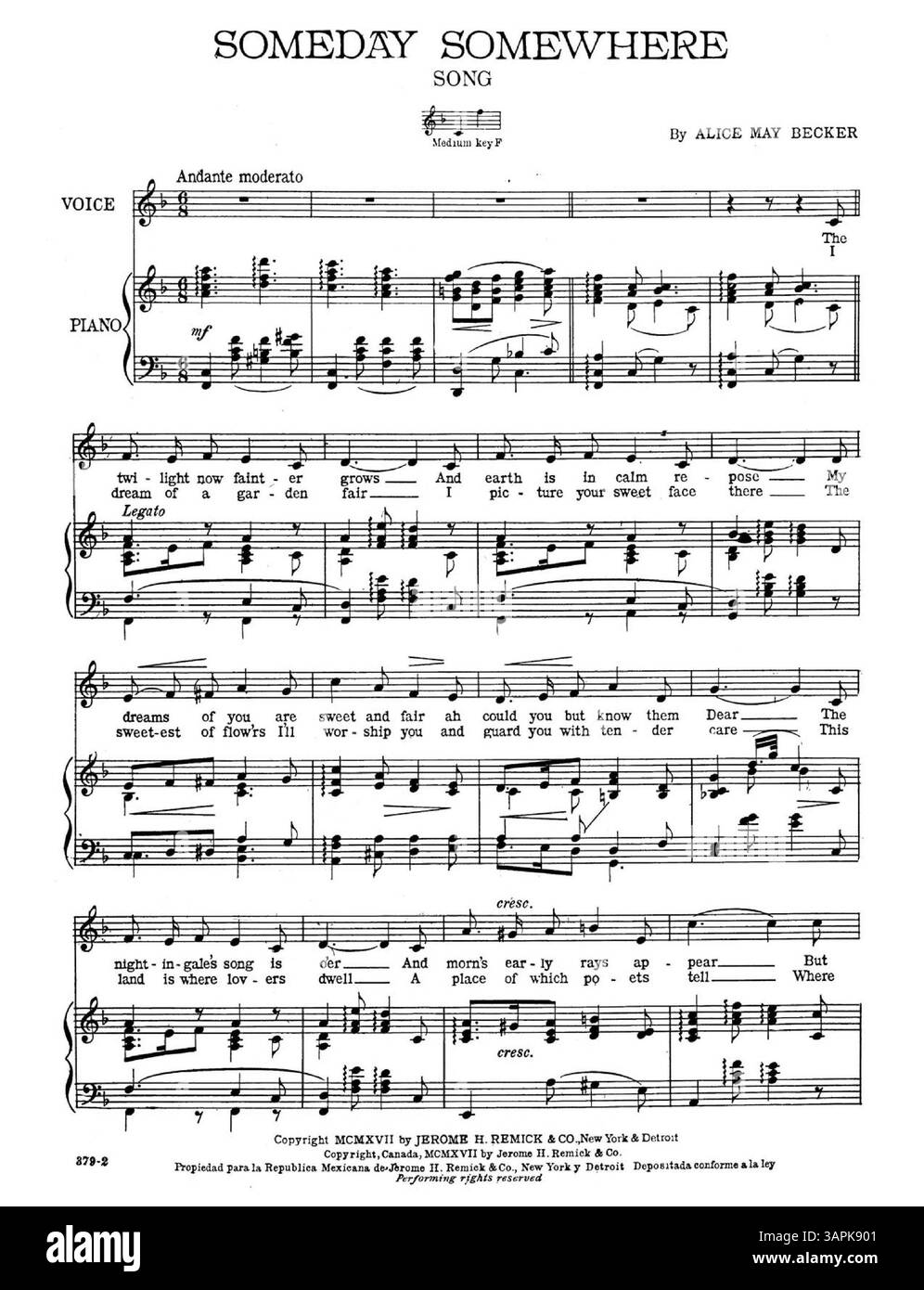 Questa è la cover della canzone Someday Somewhere di Alice May Becker. La canzone, pubblicata come "edizione popolare", include la targa numero 379 ed è stata acquistata presso il negozio di canzoni Remick a Portland, Oregon. La versione è nella chiave media di F. la copertina posteriore presenta una pubblicità con una foto della copertina e un estratto di un'altra canzone, "Some Sunday Morning". Foto Stock