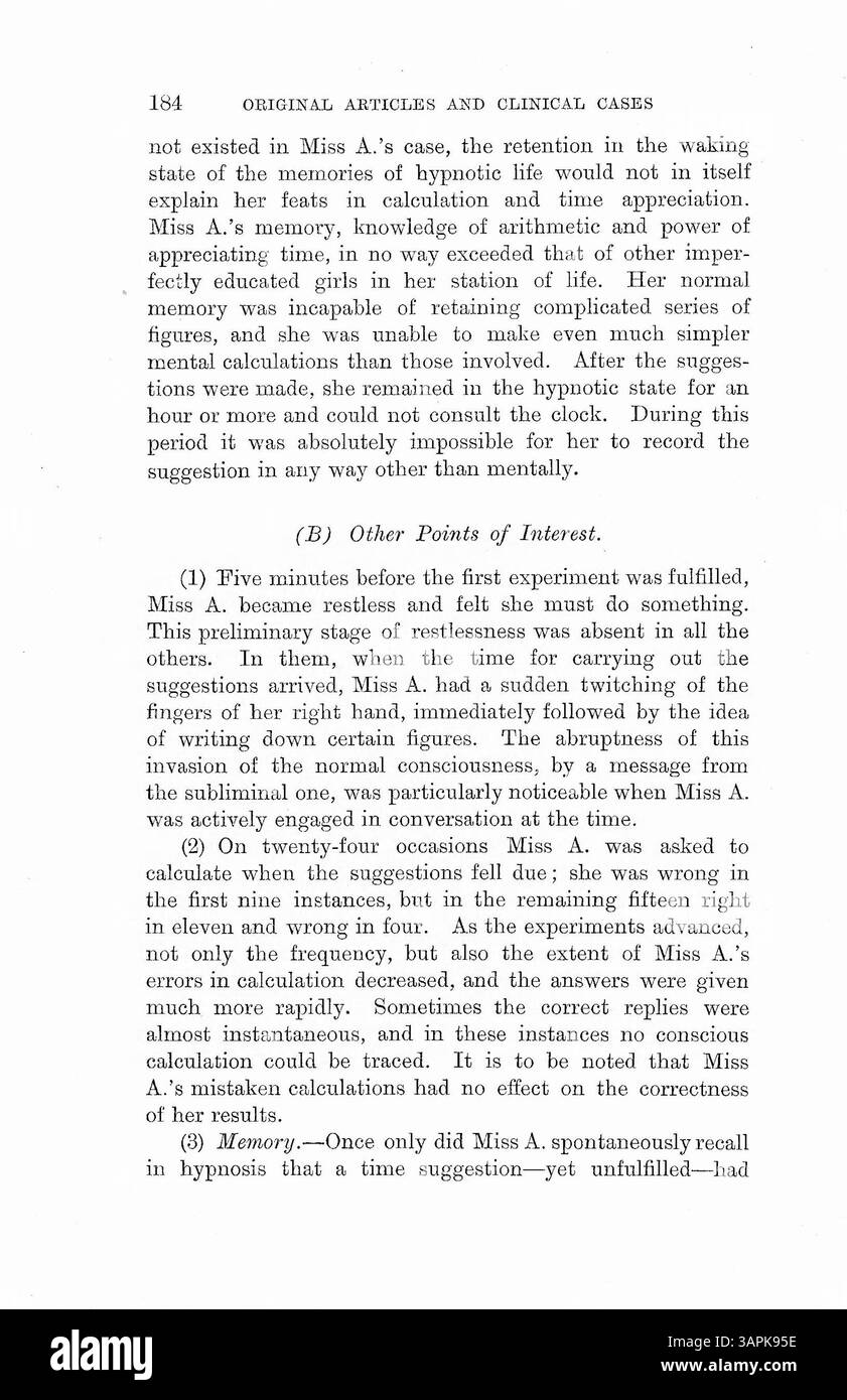 Gli esperimenti ipnotici del Dr. Bramwell coinvolsero pazienti che svolgevano compiti in momenti specifici senza consapevolezza consapevole del compito fino a quando non gli fu chiesto mentre erano sotto ipnosi. I risultati suggeriscono una misurazione del tempo inconscia. Altri professionisti hanno opinioni diverse sui suoi risultati. Foto Stock