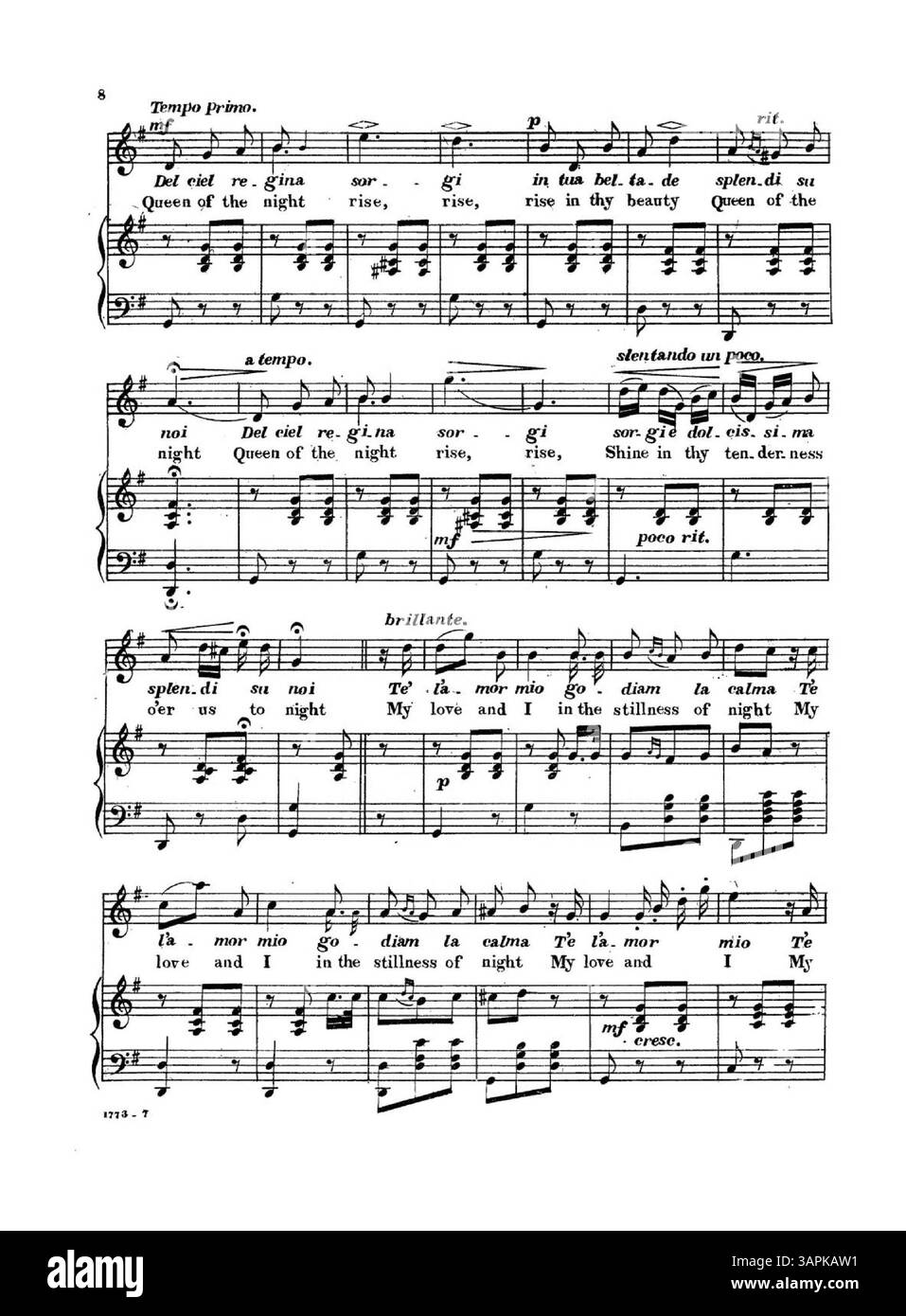 La copertina di "Queen of the Night" da University of Oregon Libraries vede la signora Jane Sloman Torry, autrice di "Poem of Love", "carina" e "Drifting Away". Include testo in inglese e italiano, targa numero 1773, e la quarta di copertina pubblicizza brani musicali da "The Very Latest Songs by C.A. White". Foto Stock