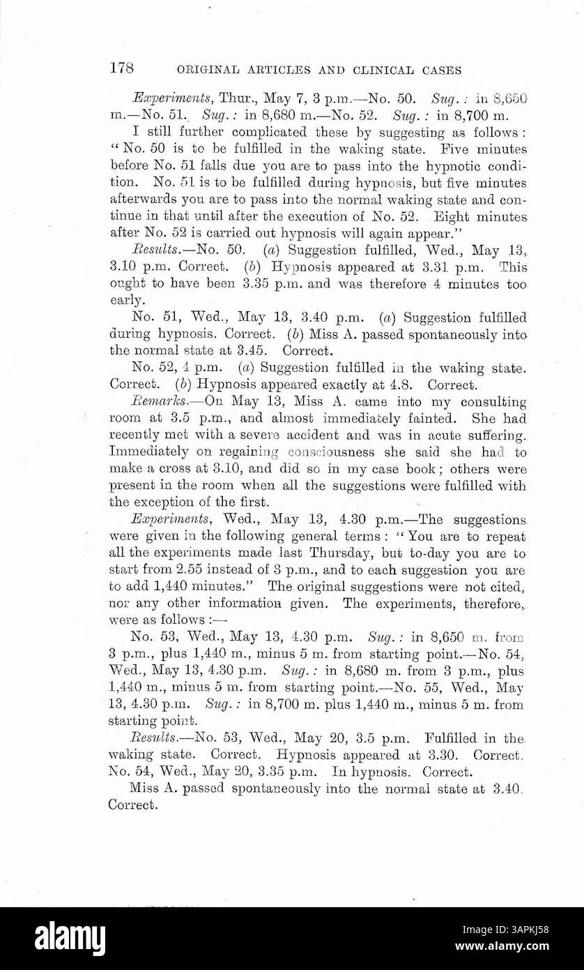 Negli studi sull'ipnosi del dottor Bramwell, i pazienti svolgevano compiti in momenti specifici, suggerendo una consapevolezza inconscia del tempo. Questa teoria è contestata da alcuni professionisti medici. Foto Stock