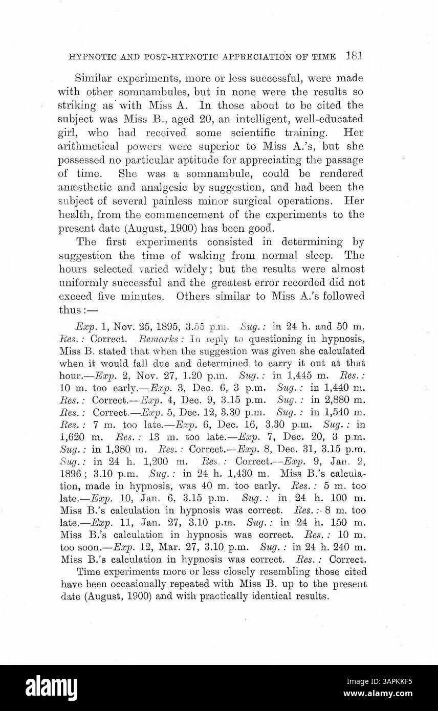 Attraverso l'ipnosi, il Dr. Bramwell ha testato la capacità inconscia dei pazienti di gestire il tempo eseguendo attività a intervalli prestabiliti. Questi risultati sono stati accolti con il sostegno e lo scetticismo di altri medici. Foto Stock