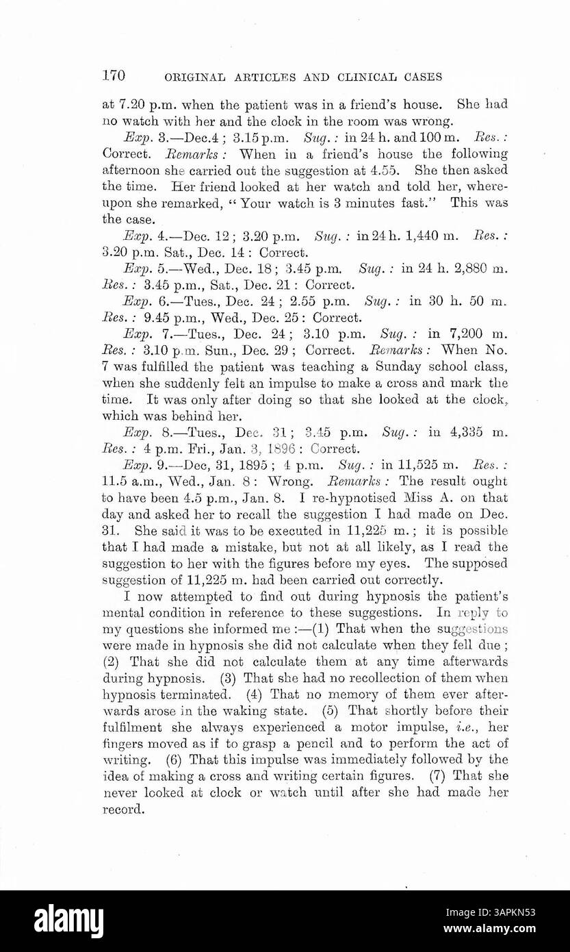 Gli esperimenti di ipnosi del dottor Bramwell con i pazienti hanno rivelato che i compiti eseguiti sotto suggerimento sono stati completati vicino al tempo suggerito senza ricordare la ragione, suggerendo una consapevolezza del tempo inconscia. I medici differiscono sulla conclusione. Foto Stock