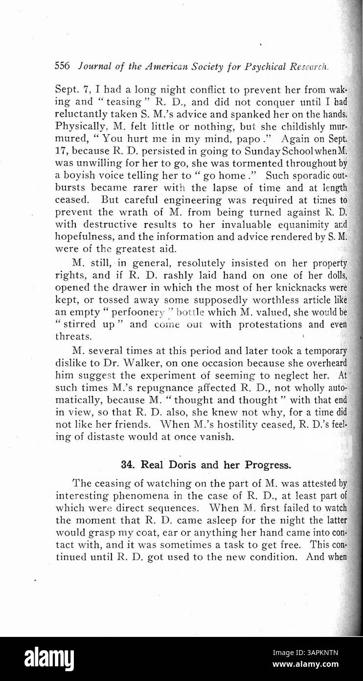 Il caso Doris Fischer coinvolge una donna con personalità multiple a partire dall'età di tre anni. Alcune personalità si sono formate a causa di un trauma, mentre altre rimangono inspiegabili. In particolare, una delle personalità è cosciente, in grado di coesistere e assumere il controllo quando necessario. Doris è stata osservata per quasi quattro anni, durante i quali ha esposto cinque personalità distinte. Il dottor Prince ha descritto in dettaglio le azioni e i comportamenti di ogni personalità. Foto Stock