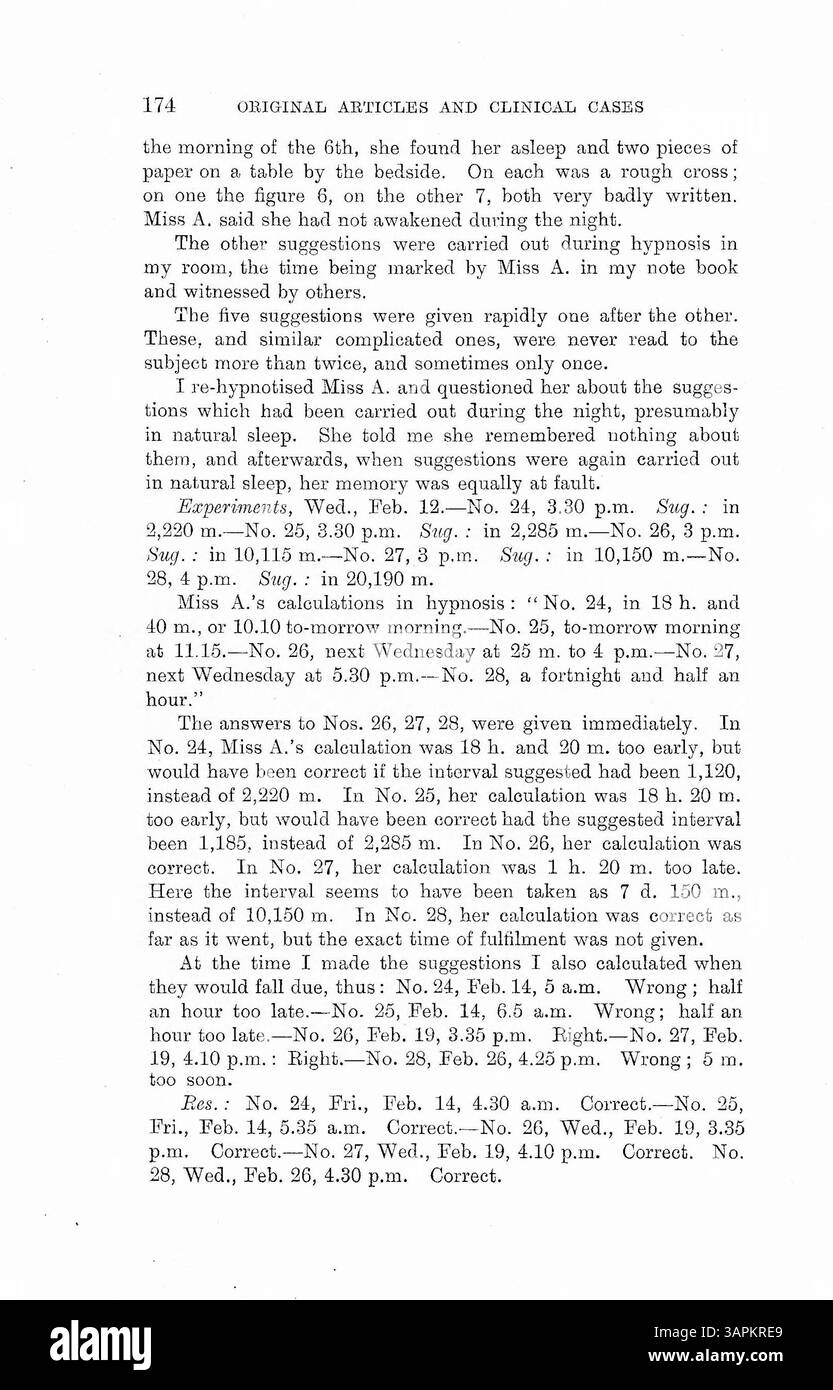 Il Dr. Bramwell condusse esperimenti usando l'ipnosi su più pazienti, testando la loro capacità di eseguire un compito a un determinato momento senza ricordare il perché. I pazienti riuscirono a svolgere i compiti vicino al tempo stabilito, portando il dottor Bramwell a concludere che la percezione del tempo inconscia era in gioco. La validità di questi risultati è discussa da altri medici. Foto Stock