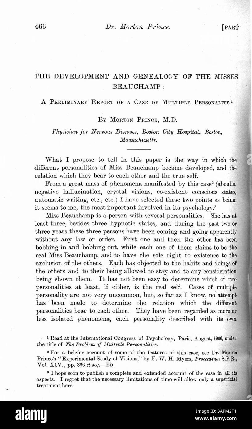 L'analisi della dottoressa Prince sul caso di Miss Beauchamp evidenzia la sua seconda personalità, Sally, e l'emergere di una terza personalità nel 1899. Indaga sulle cause e gli impatti di questi cambiamenti sulla vita della signorina Beauchamp. Foto Stock