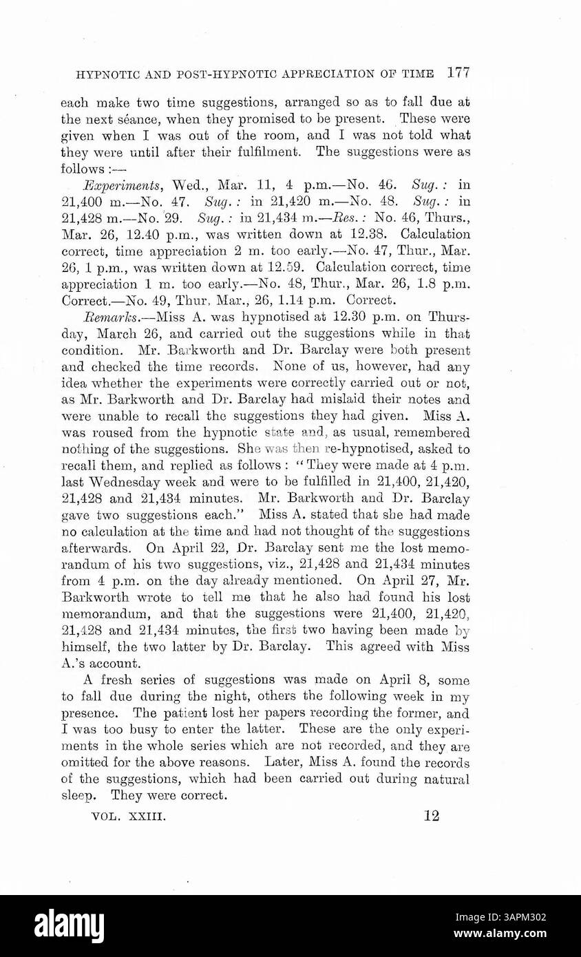 Gli esperimenti ipnotici del Dr. Bramwell mostrarono che i pazienti eseguivano compiti a orari prestabiliti senza ricordare il suggerimento, sostenendo la teoria della misurazione del tempo inconscio. Tuttavia, altri medici discutono i risultati. Foto Stock