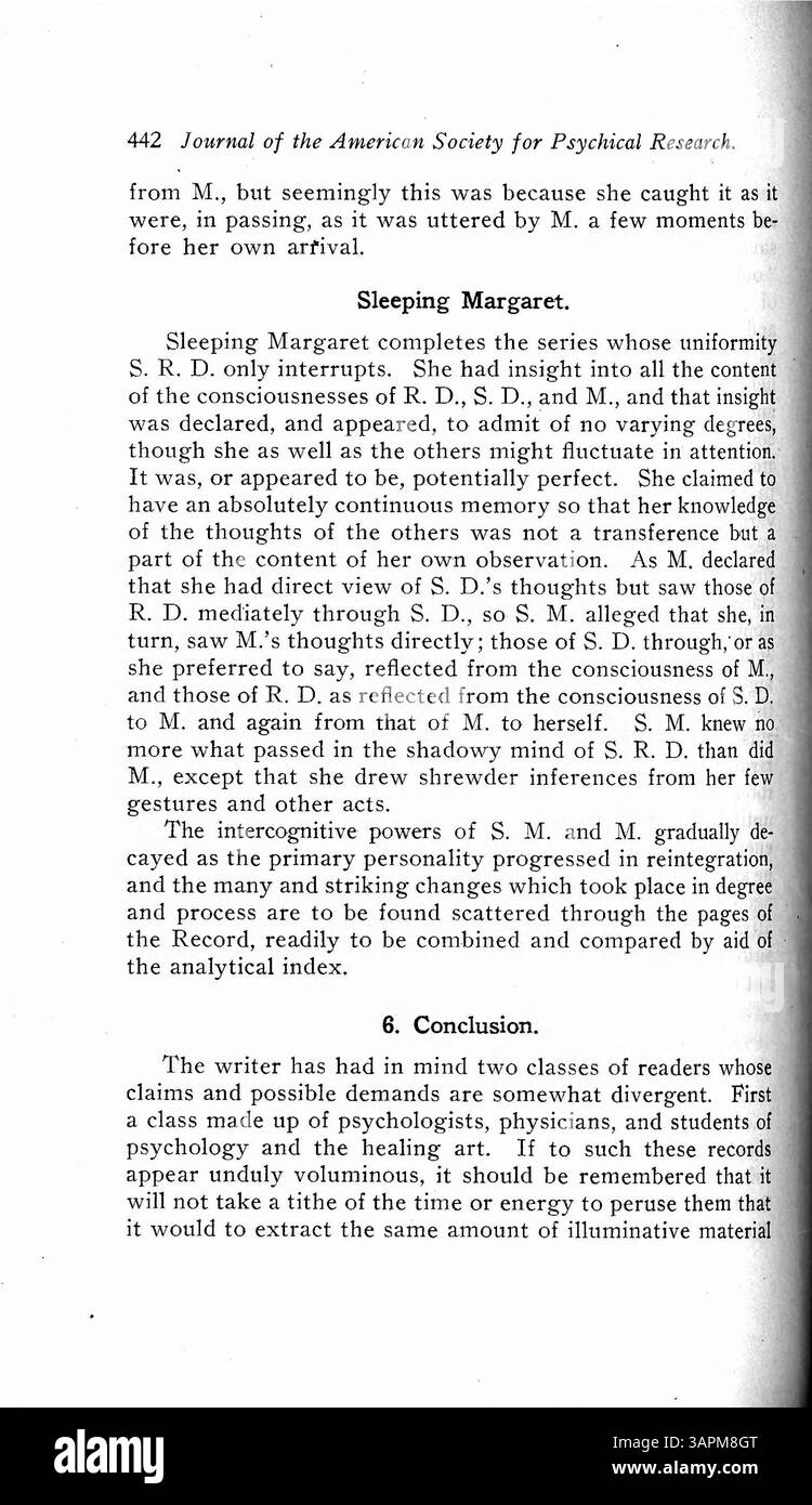 Il caso Doris Fischer si concentra su una donna con personalità multiple, a partire dall'età di tre anni. Alcune delle personalità derivano da esperienze traumatiche, mentre altre hanno origini poco chiare. Un aspetto unico del caso è una personalità cosciente che può coesistere con gli altri. Doris è stata osservata per quasi quattro anni, con cinque personalità distinte analizzate dal Dr. Prince, fornendo informazioni sul disordine dissociativo dell'identità. Foto Stock