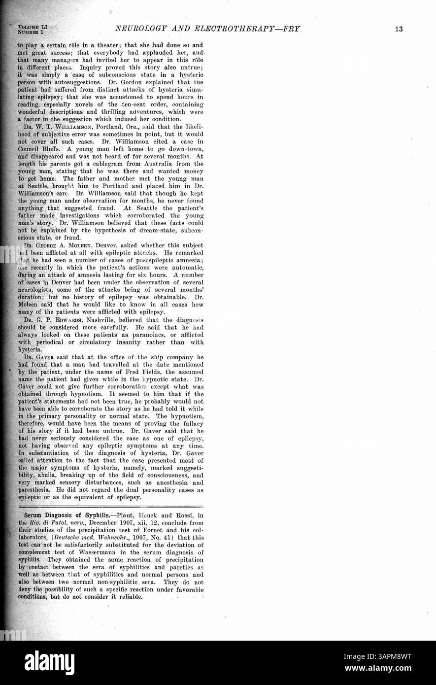 Presentazione clinica di un giovane uomo affetto da un disturbo di personalità alternato, suggestione, ipocondria e mancanza di motivazione. I sintomi sono iniziati dopo la febbre tifoide e una lesione alla testa durante la guerra ispano-americana. Il paziente viaggiò a Londra e in Sud Africa con una personalità alternativa, ignaro dei suoi dintorni e confuse il suo medico con una conoscenza. L'ipnosi ebbe effetti limitati nella gestione della sua condizione. Foto Stock