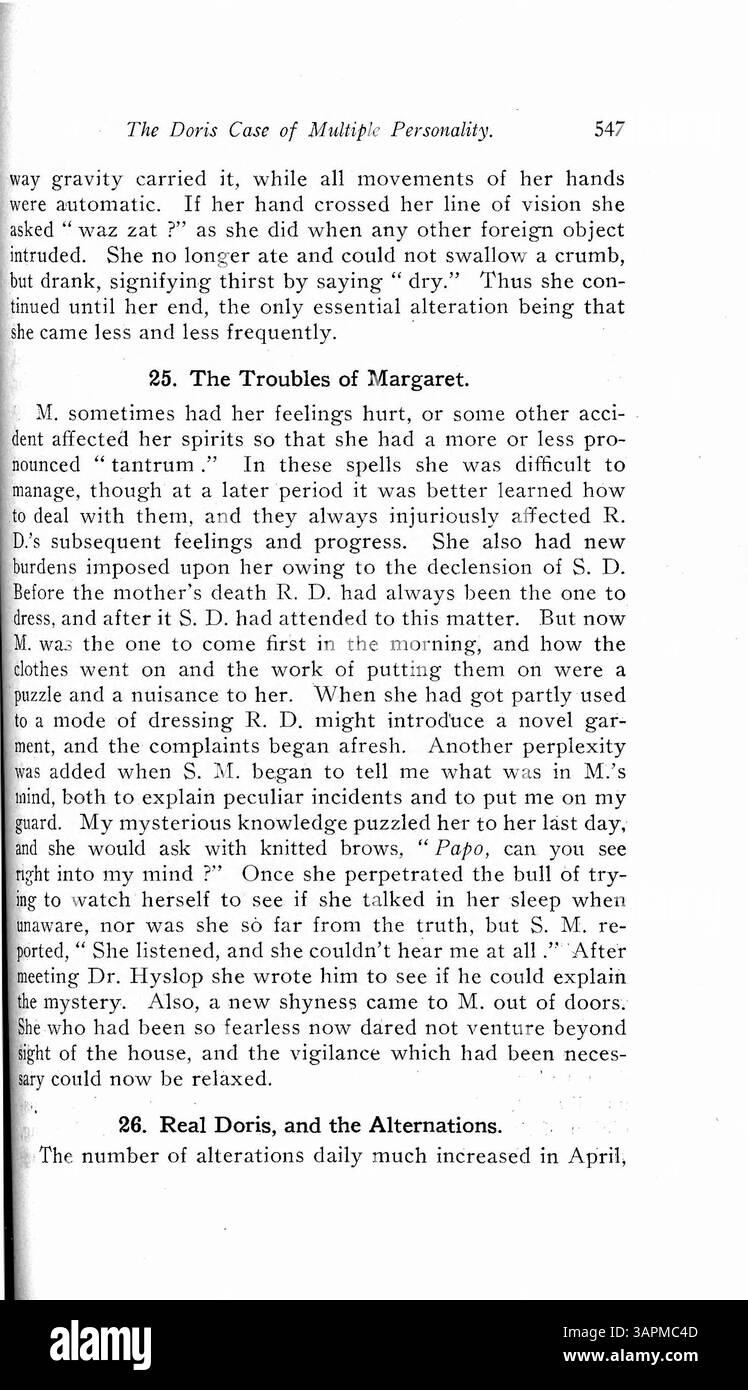 Il caso di Doris Fischer, a partire dall'età di tre anni, coinvolge personalità multiple, alcune create dal trauma, mentre altre sono inspiegabili. Un aspetto unico è la personalità cosciente che può assumere il controllo quando necessario. Doris è stata sotto osservazione per quasi quattro anni, con cinque personalità distinte documentate dal Dr. Prince. Foto Stock