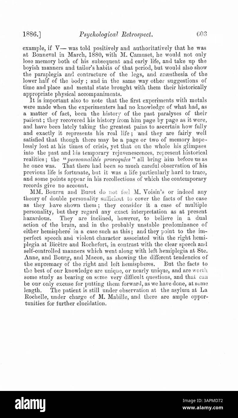 Il dottor Myers descrive la storia della vita di Luigi V, che sviluppò sei personalità distinte dopo un traumatico terrore di viper. Alcune personalità erano caratterizzate da gentilezza, mentre altre erano impegnate in ladri e maltrattamenti. Paralisi ed epilessia hanno colpito anche alcune delle personalità. Viene fornito un confronto con il caso di Felida X, insieme a un grafico che illustra le differenze tra le personalità. Foto Stock