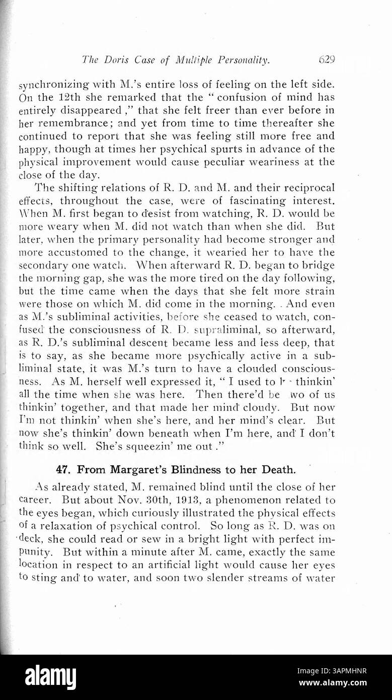 Lo studio del Dr. Prince sul caso Doris Fischer segue una donna con personalità multiple dall'età di tre anni, alcune derivanti da un trauma. Una caratteristica notevole è la presenza di una personalità cosciente che può coesistere con gli altri. Doris è stata sotto osservazione per quattro anni, durante i quali sono state documentate e analizzate cinque personalità distinte. Foto Stock