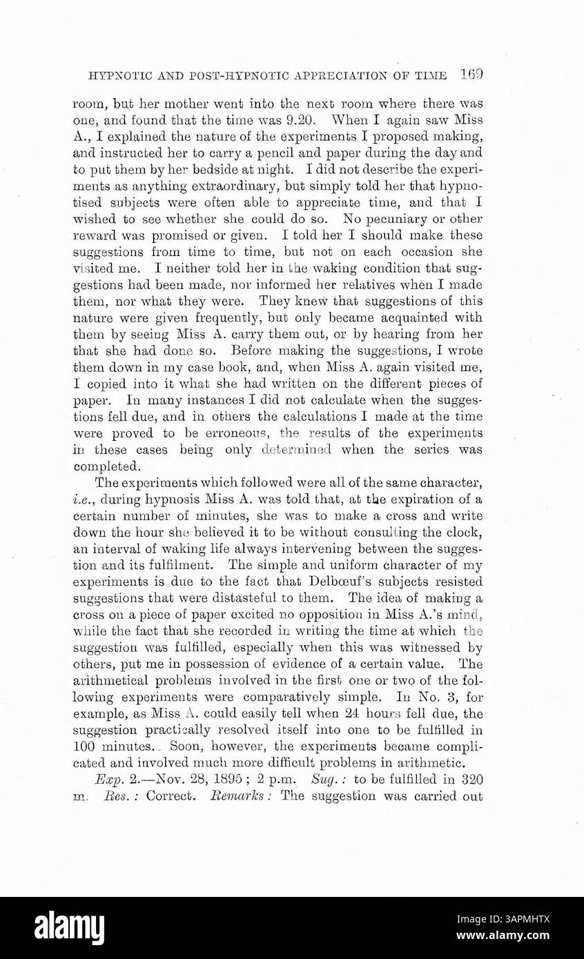 Questo studio del Dr. Bramwell ha esplorato la percezione inconscia del tempo attraverso la suggestione ipnotica. I pazienti possono completare le attività a orari prestabiliti senza richiamare il suggerimento, a meno che non venga richiesto mentre si trovano in stato ipnotico. Lo studio ha scatenato un dibattito tra i medici. Foto Stock