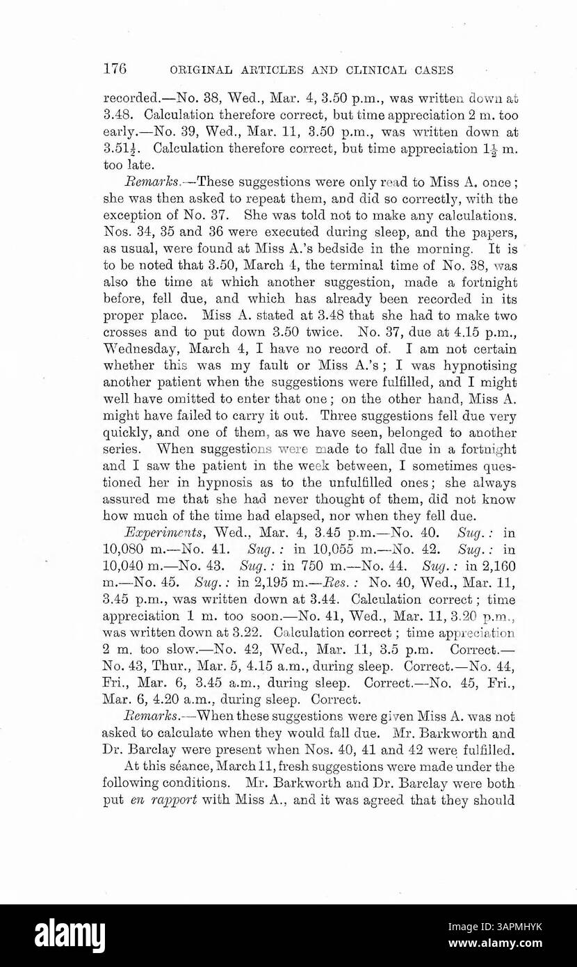 Gli esperimenti del dottor Bramwell sull'ipnotismo hanno testato la capacità dei pazienti di completare i compiti a orari prestabiliti, mostrando che potevano farlo senza ricordare il suggerimento quando erano svegli. Questo fenomeno ha portato a discussioni sulla percezione inconscia del tempo, con opinioni diverse da altri medici. Foto Stock