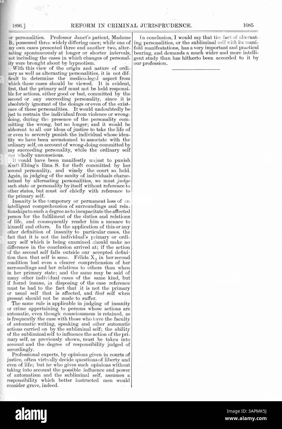 Questo lavoro di Mason esamina personalità alternate, evidenziando la loro consapevolezza reciproca. Usando il caso di Madame B., discute varie condizioni in cui si osservano personalità secondarie, come ipnosi e sonno, ed esplora le loro implicazioni legali. Foto Stock