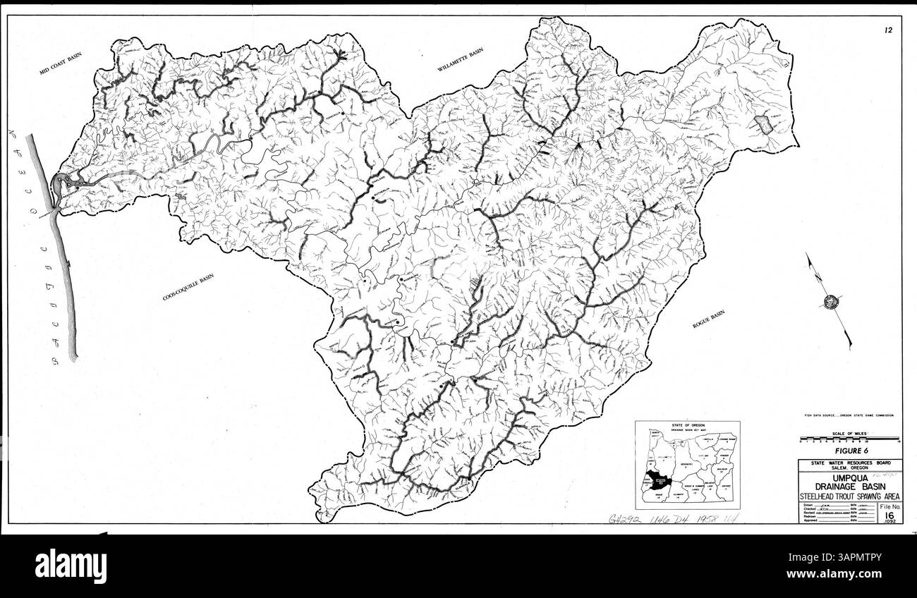 Questa mappa del bacino idrografico di Umpqua si concentra sull'area di riproduzione della trota Steelhead. I dati provengono dalla Oregon State Game Commission e dal file n. 16.1092, che offre informazioni sugli habitat ittici e sulle zone di riproduzione. Foto Stock
