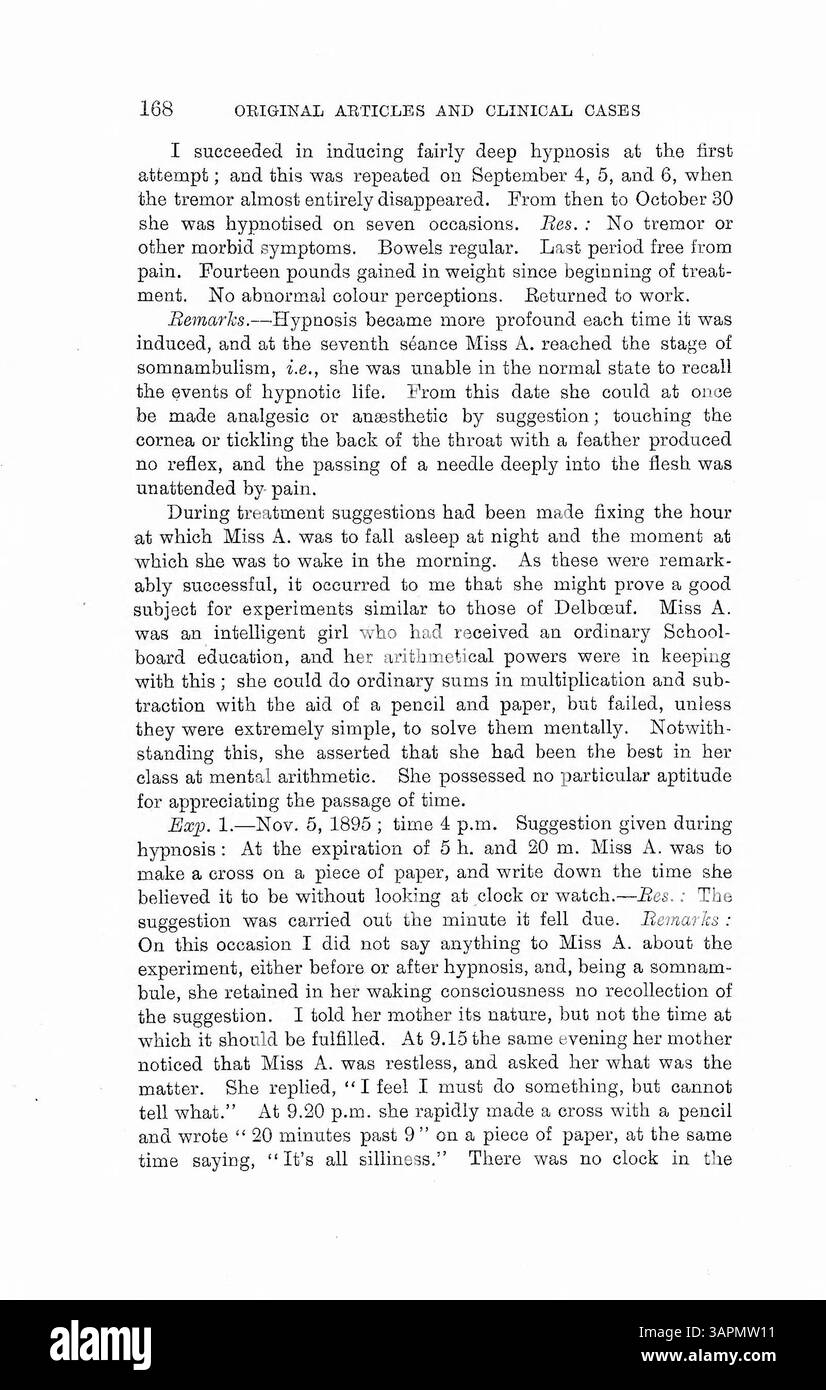 Lo studio sull'ipnotismo del Dr. Bramwell mostra che i pazienti potevano completare le attività a orari prestabiliti dopo essere stati ipnotizzati, anche se mancavano di memoria dell'attività fino a quando non fossero riipnotizzati. Altri esperti discutono di questa percezione inconscia del tempo. Foto Stock