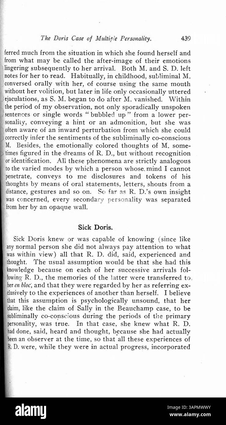 Il caso Doris Fischer è uno studio psicologico di una donna con personalità multiple, sviluppato fin dalla prima infanzia e alcune provenienti da un trauma. Un aspetto unico è la presenza di una personalità cosciente che può coesistere con gli altri. Doris è stata osservata per quasi quattro anni, con cinque personalità distinte documentate e analizzate dal Dr. Prince, offrendo preziose informazioni sul disturbo. Foto Stock