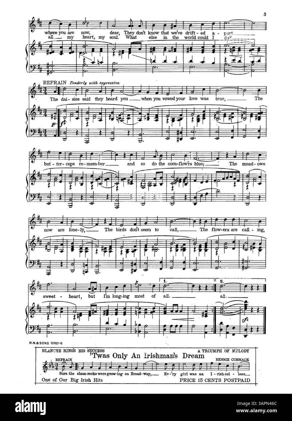 Questa copertina contiene la canzone "The Flowers Are Calling, Sweetheart, But i'm Longing MOST All", parte della collezione University of Oregon Libraries. Include una pubblicità per "Four Beautiful Ballads" di M. Witmark & Sons, con una piccola pubblicità per altre canzoni. La quarta di copertina mette in evidenza "Miss Jane Grey International" con il permesso di International Film Service Inc Foto Stock