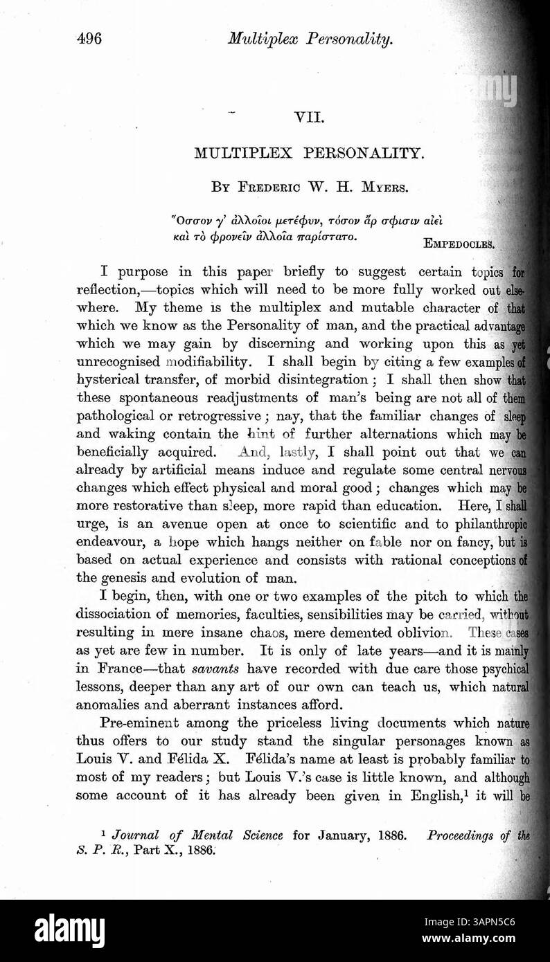 "Multiplex Personality" di Dr. Myers copre due casi: Louis V., che ha sperimentato epilessia, isteria e paralisi a seguito di uno spavento da parte di una vipera, e Felidia X., che aveva una seconda personalità. Entrambi i casi sono esaminati attraverso la lente della morale contro la biologia. Foto Stock