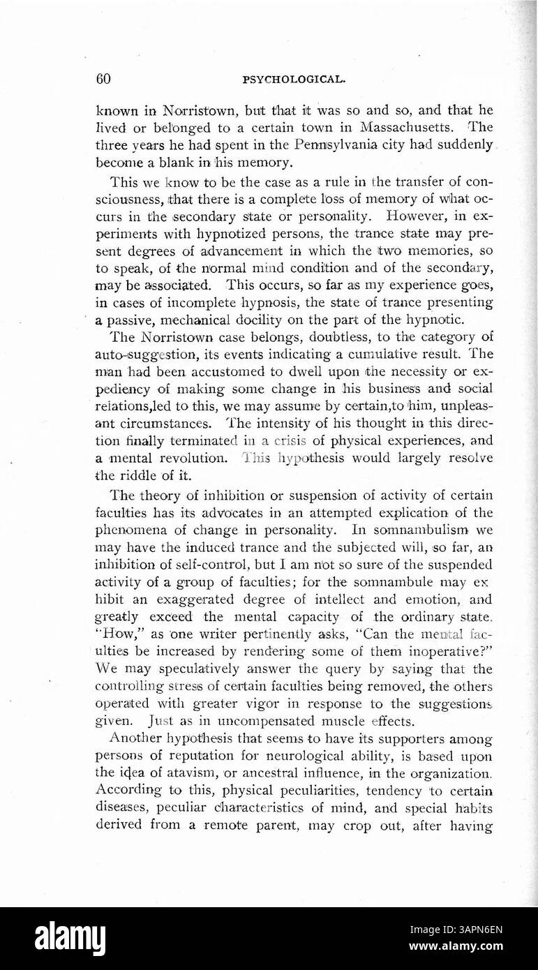 Una relazione sul trattamento riservato a un impiegato di 28 anni ha ammesso in asilo dopo aver inviato telegrammi minacciosi. Il paziente mostrava una personalità alterata legata alle esperienze traumatiche passate. Il caso evidenzia l'eventuale risoluzione e scomparsa della personalità alterata dopo un intervento terapeutico. Il rapporto è stato scritto da Bernard Hart, che in seguito sarebbe diventato un importante sostenitore della psicoanalisi freudiana. Foto Stock