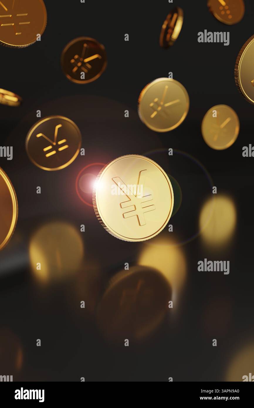 Monete Yuan cadute su sfondo nero. Illustrazione 3D. Foto Stock