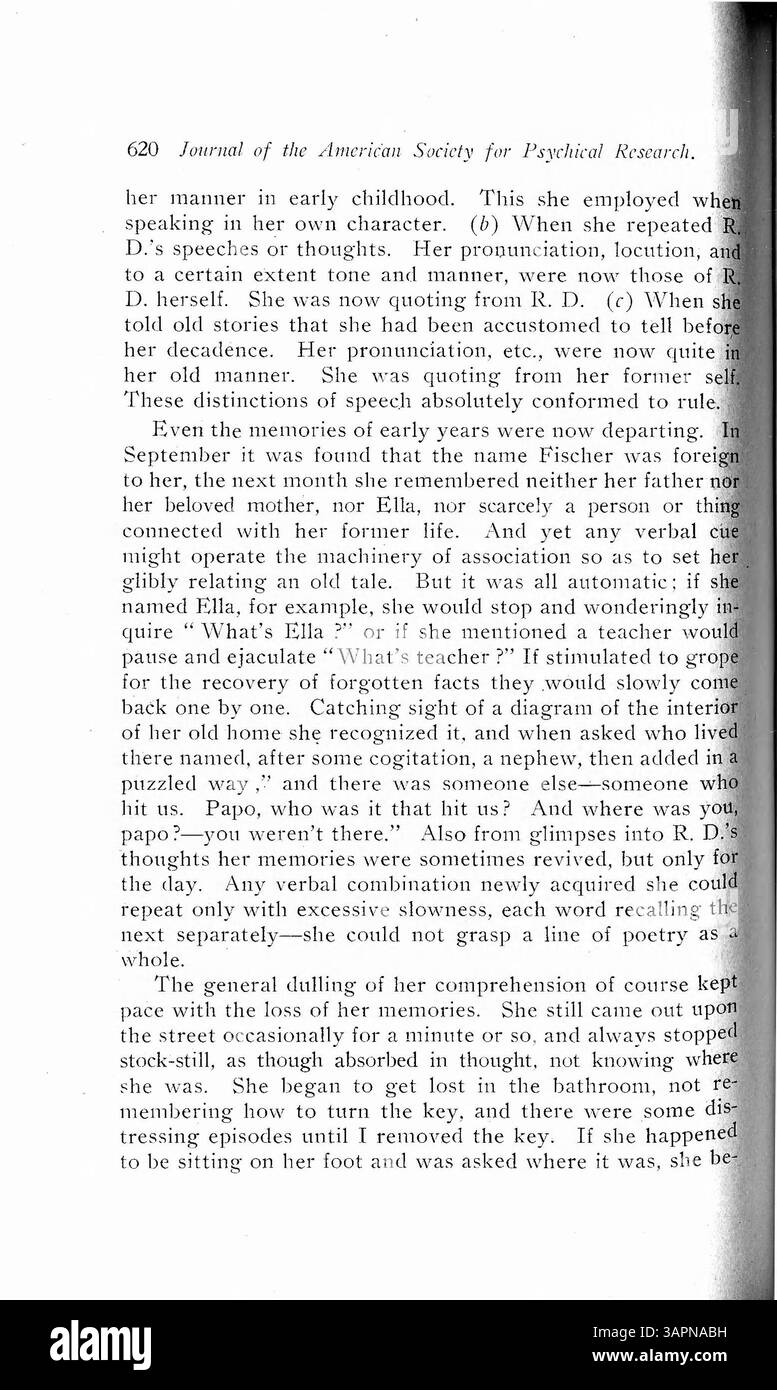 Doris Fischer, affetta da personalità multiple originate dal trauma infantile, aveva una personalità che coesisteva con altre. Il suo caso è stato osservato per quattro anni, rivelando cinque personalità. Il dottor Prince ha fornito un'analisi approfondita di ogni personalità, collegandola alle esperienze e ai comportamenti traumatici di Doris. Foto Stock