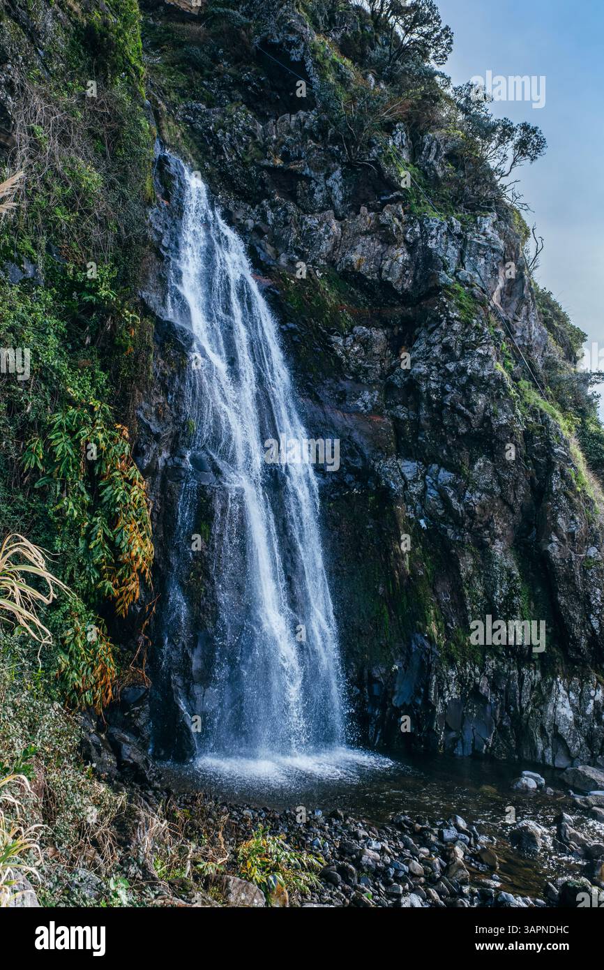 Bellezza a cascata delle acque delle Azzorre: Cascata panoramica che scorre lungo le lussureggianti scogliere verdi a Sao Jorge, Azzorre, Portogallo. Meraviglia naturale e tranquilla Landsc Foto Stock