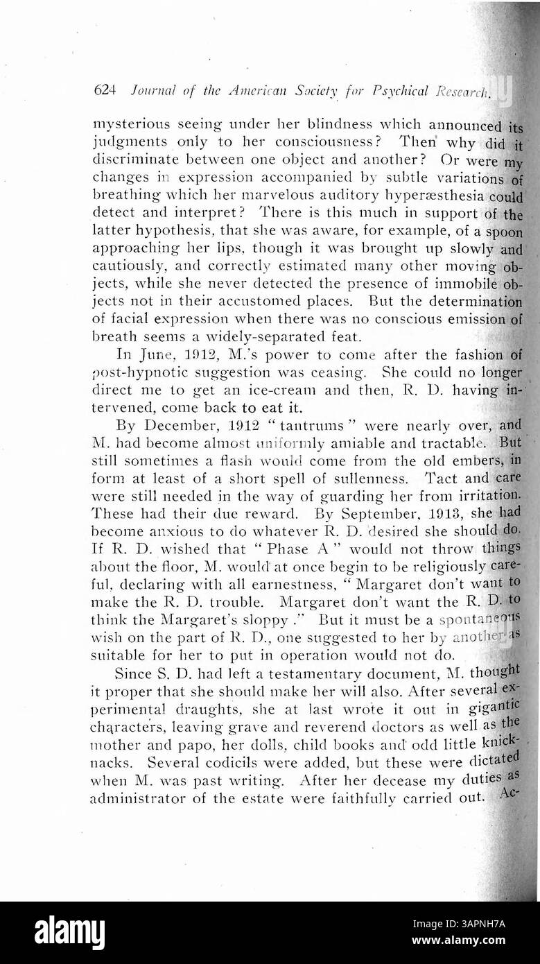 Il caso Doris Fischer descrive la vita di una donna con personalità multiple, alcune delle quali derivate da un trauma precoce. Una delle personalità è unica per essere un'entità cosciente, in grado di esistere insieme ad altre e di assumersi come necessario. Il caso di Doris è stato meticolosamente osservato per quasi quattro anni, con il Dr. Prince che ha fornito un'analisi approfondita delle personalità e dei loro modelli comportamentali. Foto Stock