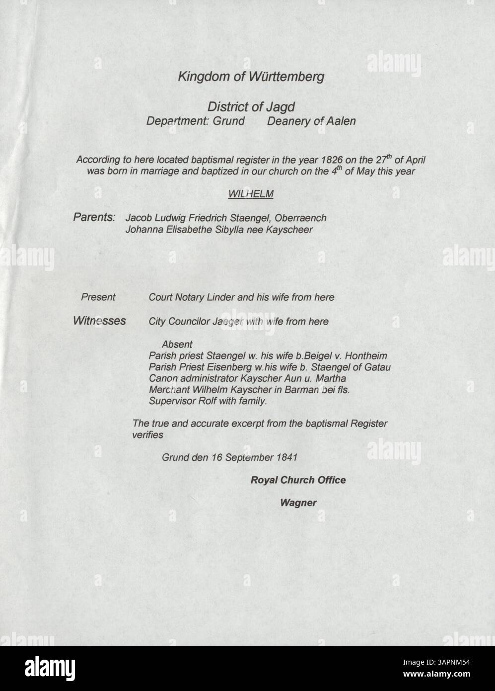 Questa documentazione battesimale della Missouri Historical Society documenta il battesimo di Wilhelm Staengel il 4 maggio 1826 a St. Louis. Nacque il 27 aprile 1826 da Jacob Ludwig Friedrich Staengel e Johanna Elisabethe Sibylla Kayscheer Staengel. Foto Stock