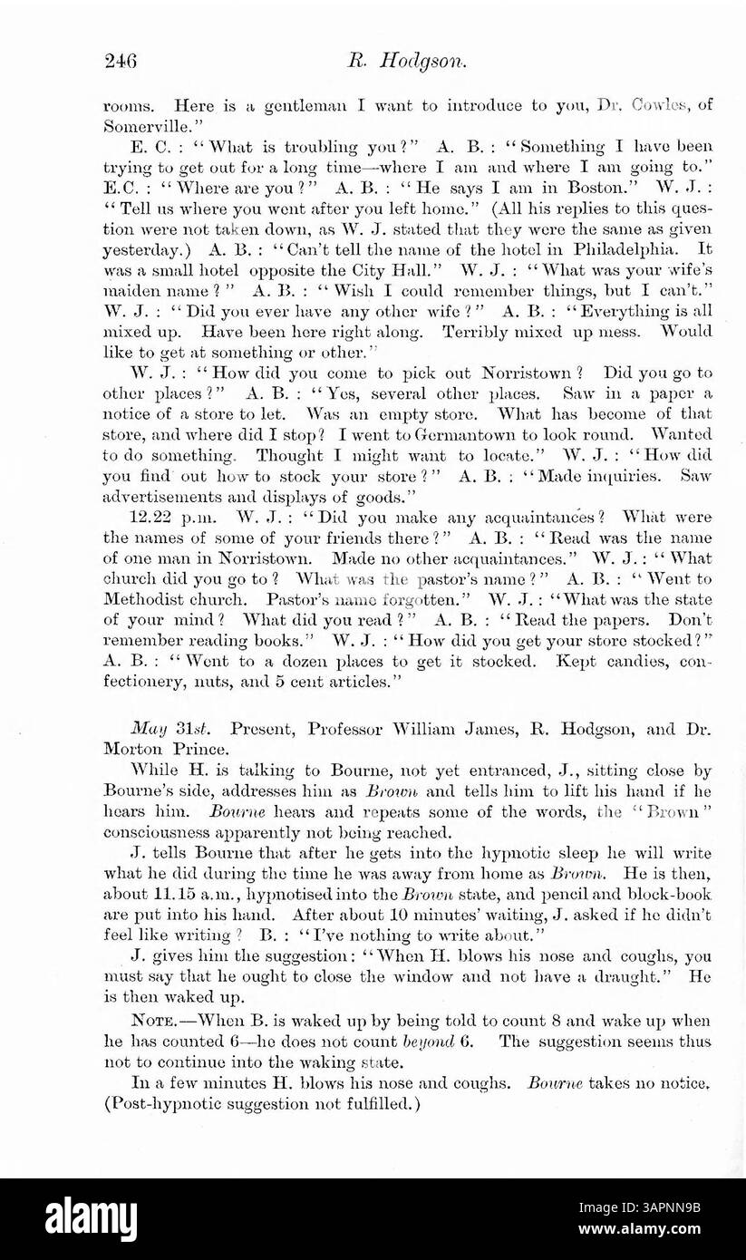 Nel 1887, Ansel Bourne, un predicatore del Rhode Island, sperimentò la doppia coscienza, formando un'identità secondaria, A.J. Brown, a causa della perdita di memoria post-epilettica. Il caso include descrizioni delle sue disfunzioni cognitive e dei cambiamenti comportamentali, con riferimenti al trauma infantile e alla depressione. Le convulsioni sono menzionate come possibile causa, con ipnosi suggerita per il trattamento. Foto Stock