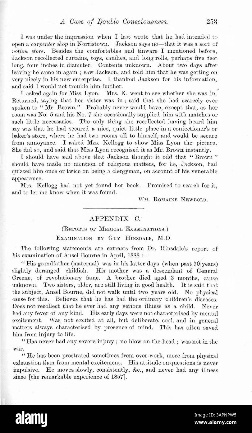 Il caso di Ansel Bourne, un predicatore del Rhode Island, è esplorato in questo articolo, descrivendo dettagliatamente la sua esperienza con la doppia coscienza e la formazione di un'identità secondaria, A.J. Brown. Ciò è stato causato dalla perdita di memoria post-epilettica nel 1887. I resoconti di prima mano sono usati per descrivere la sua disfunzione cognitiva, con riferimenti alla depressione infantile e all'abuso. Le convulsioni sono indicate come causa, con ipnosi proposta per il trattamento. Foto Stock