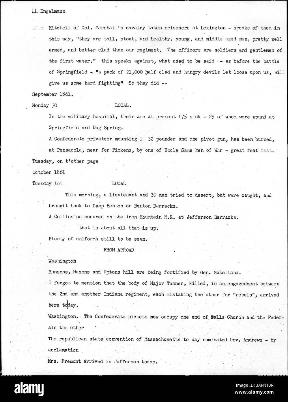 Il diario di George J. Engelmann dal 1861 al 1864 descrive le notizie locali e straniere, insieme ai riassunti delle battaglie e alle notizie politiche. Le voci offrono approfondimenti sulle osservazioni di Engelmann sul progresso militare, le leggi e gli affari pubblici. Foto Stock