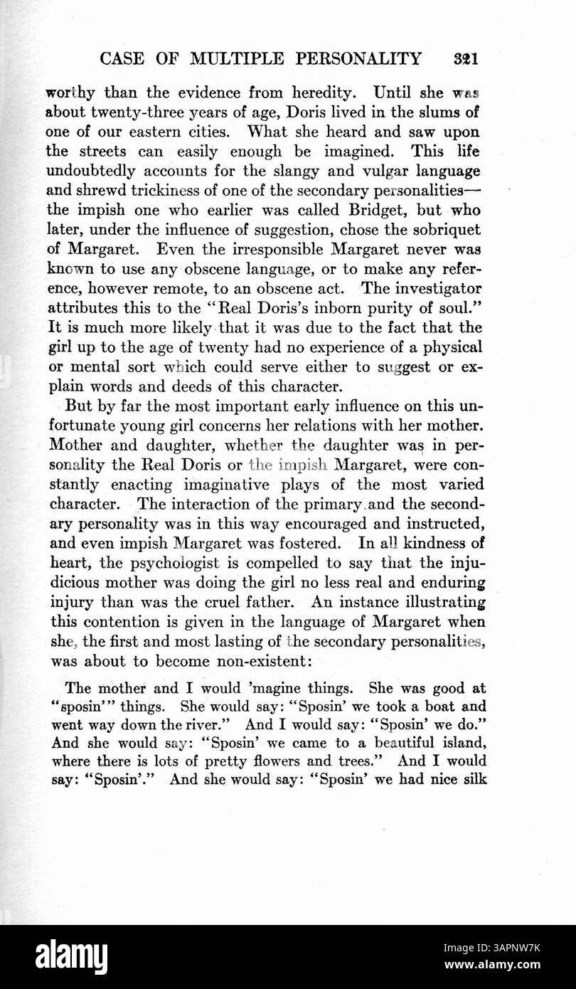 Questo case study esamina Doris Fischer, che ha sviluppato da due a cinque personalità secondarie a causa di eventi di vita traumatici, tra cui l'abuso di alcol di suo padre e la morte di sua madre. Vengono analizzate le caratteristiche e i comportamenti di ogni personalità. L'importanza di questo caso risiede nelle ampie osservazioni di tre anni da parte di un medico e nel processo di trattamento riuscito. Foto Stock