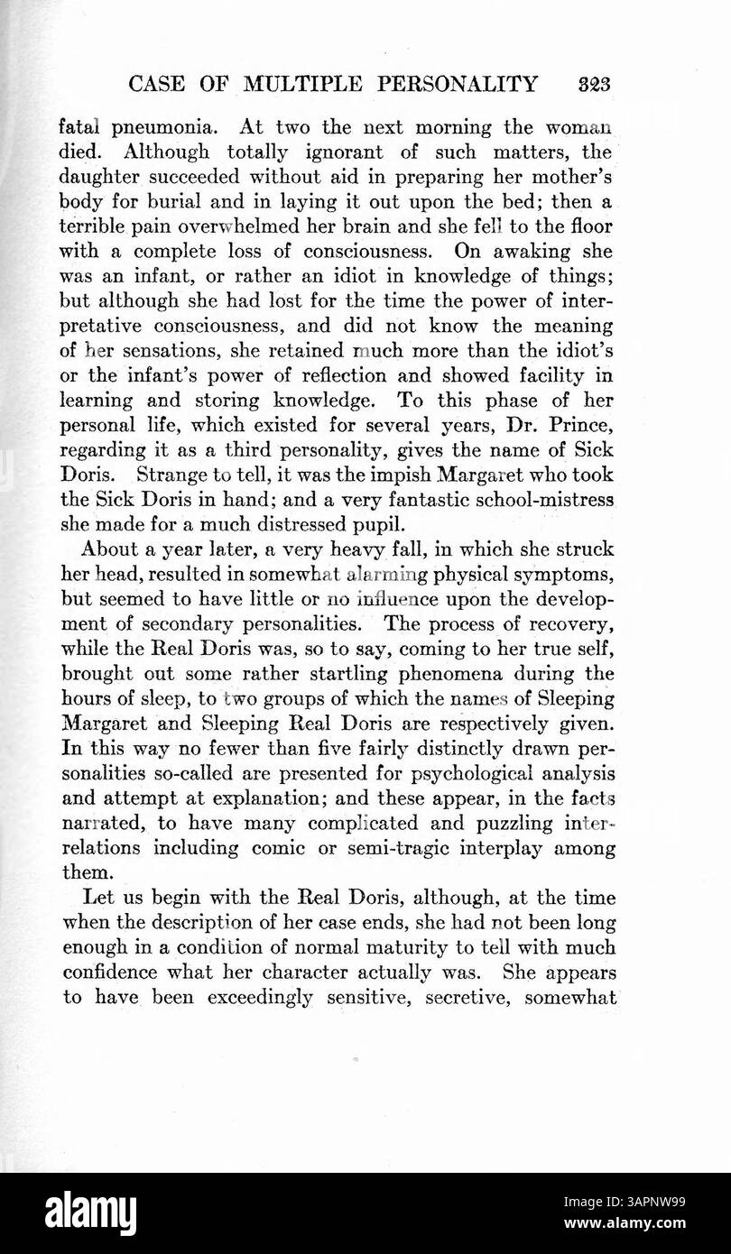 Questo case study analizza lo sviluppo di personalità multiple in Doris Fischer, attribuita a eventi traumatici di vita, tra cui l'abuso di alcol di suo padre e la morte di sua madre. Descrive i tratti e i comportamenti di ogni personalità e il successo del trattamento in tre anni. Foto Stock