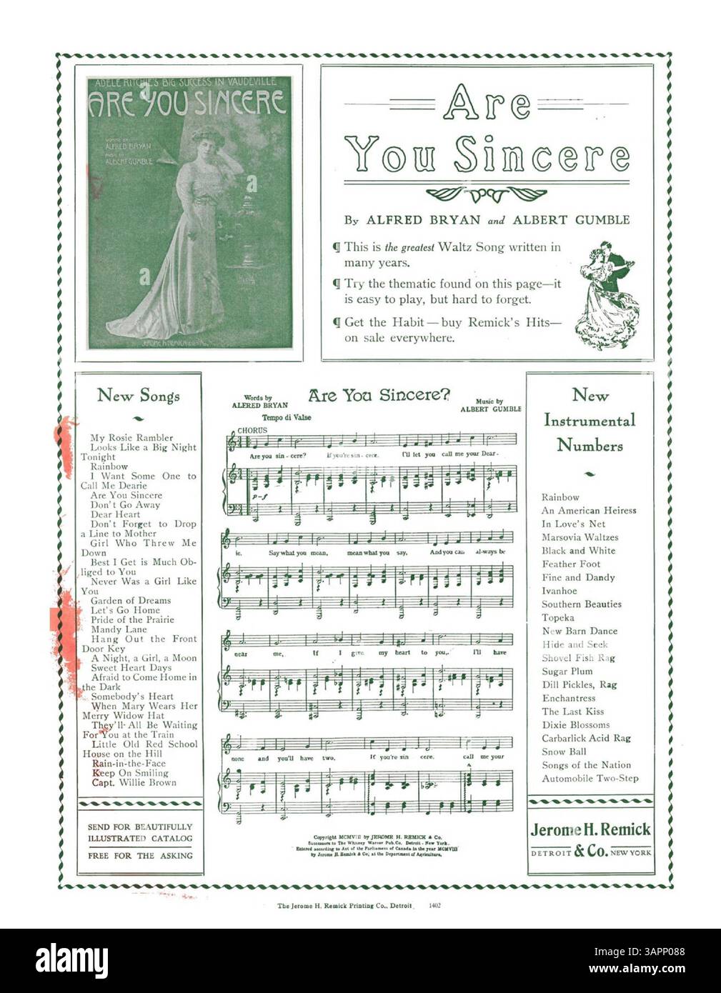 "There Is Nothing in the World Like Love", eseguita da Frank McIntyre in "The Travelling Salesman", è accompagnata da un annuncio di copertina di Jerome H. Remick & Co., che mostra nuove opere musicali tra cui "Are You sincere" di Alfred Bryan e Albert Gumble. Foto Stock