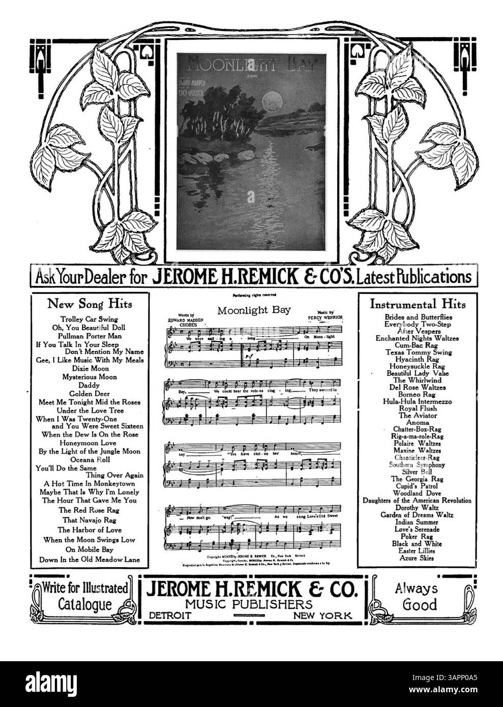 La University of Oregon Libraries contiene spartiti per la canzone "How CAN You Forget", scritta e cantata da Grace Van Studdiford. La copertina interna presenta una pubblicità per "Moonlight Bay", mentre la copertina posteriore include una pubblicità blu per "My Little Persian". Foto Stock