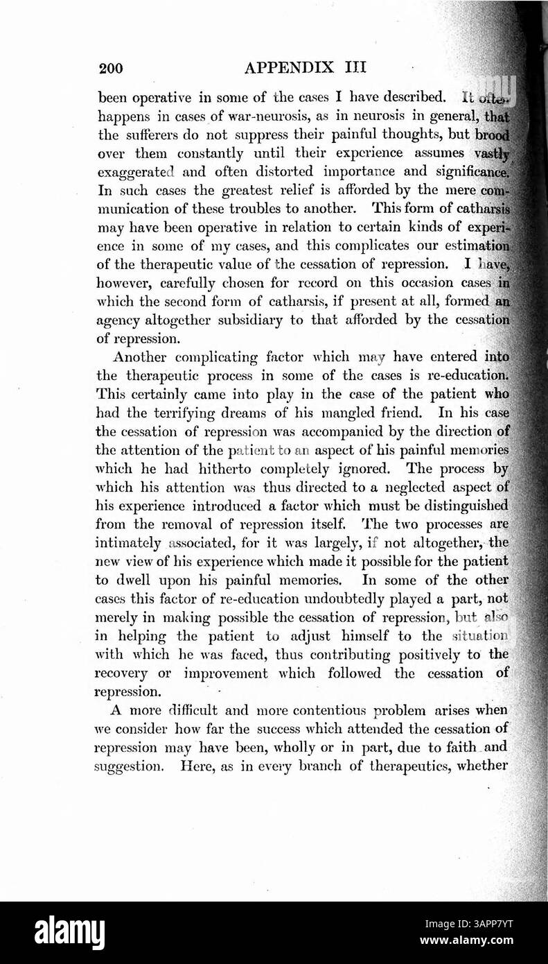 Questo articolo indaga sulla repressione, dove i ricordi sono bloccati dalla consapevolezza cosciente, e il suo impatto dannoso sul recupero psicologico, in particolare nei casi di nevrosi di guerra. L'autore propone di affrontare ricordi dolorosi come strategia efficace per la guarigione, sottolineando la necessità di cure che si concentrino sulla cessazione della repressione per migliorare i risultati terapeutici. Foto Stock