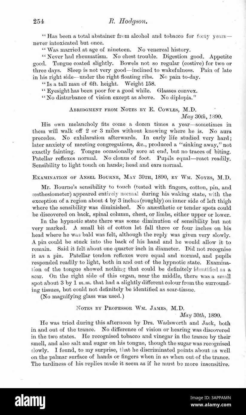 Questo articolo esamina il caso del 1887 di Ansel Bourne, un predicatore che ha sperimentato una "doppia coscienza" a causa di una perdita parziale di memoria post-epilettica. La formazione di un'identità secondaria, A.J. Brown, è discussa insieme ai resoconti di prima mano delle condizioni, del comportamento e del possibile trauma infantile di Bourne. Foto Stock