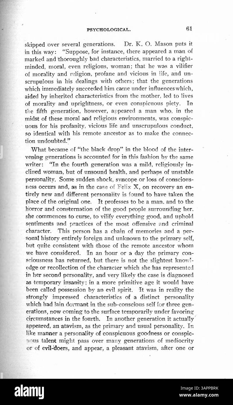Una relazione sul trattamento riservato a un impiegato di 28 anni ha ammesso in asilo dopo aver inviato telegrammi minacciosi. Il paziente mostrava una personalità alterata legata alle esperienze traumatiche passate. Il caso evidenzia l'eventuale risoluzione e scomparsa della personalità alterata dopo un intervento terapeutico. Il rapporto è stato scritto da Bernard Hart, che in seguito sarebbe diventato un importante sostenitore della psicoanalisi freudiana. Foto Stock