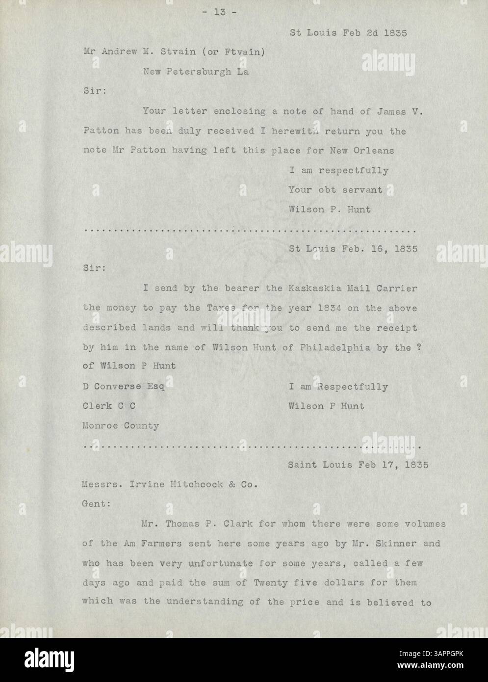 Questo libro di lettere, risalente al 1834-1842, presenta la corrispondenza personale e professionale di Wilson P. Hunt, presentata sia in formato originale che a caratteri. Le lettere documentano i significativi contributi di Hunt all'esplorazione dell'Occidente americano durante il XIX secolo. Foto Stock