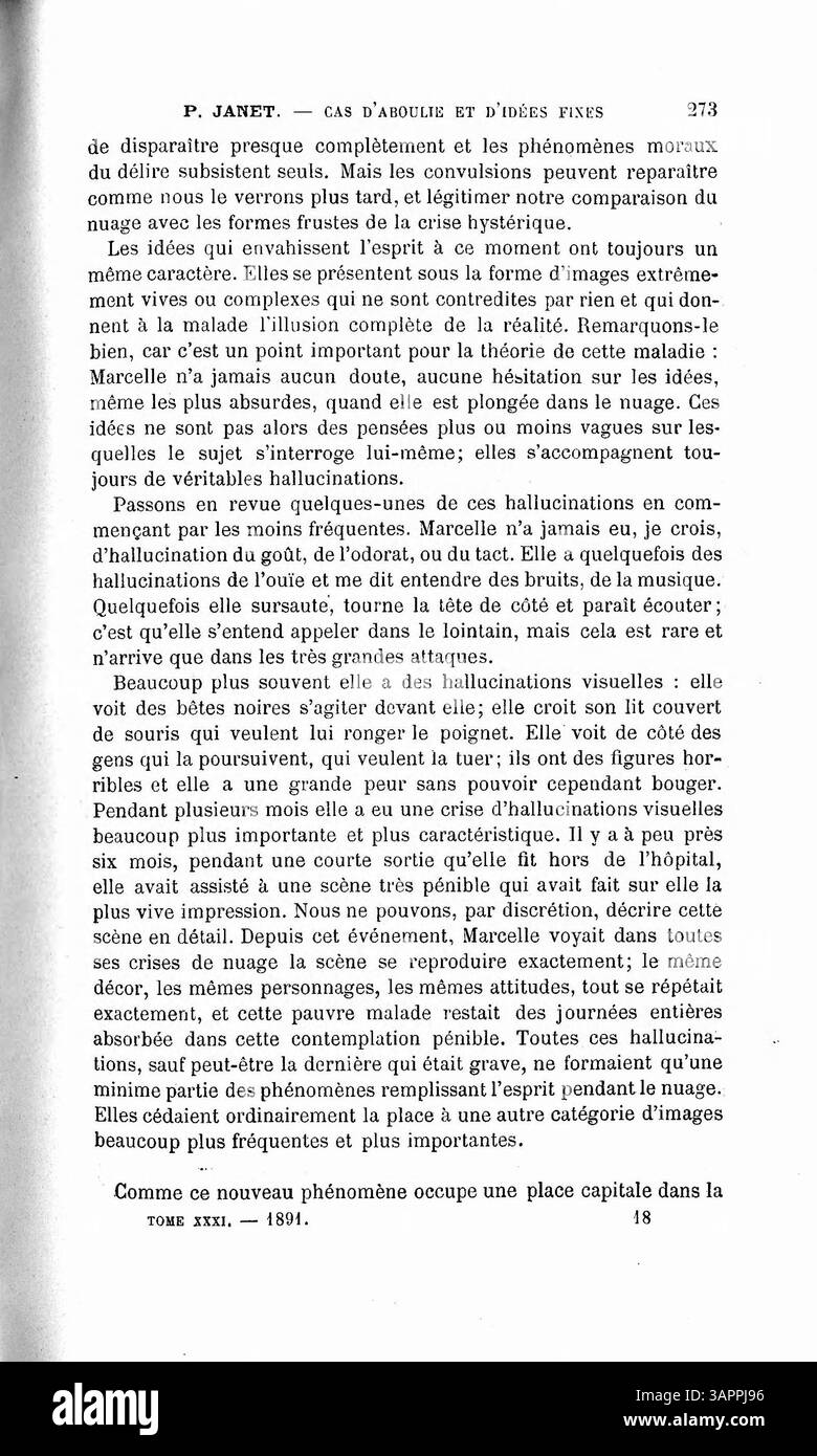 Testo dello studio Di P. Janet su un caso di aboulia e idee fisse, incentrato su un esame psicologico delle condizioni mentali legate all'assenza di volontà e pensieri ripetitivi. Foto Stock