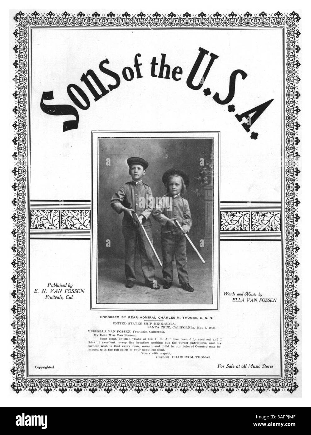 Questo spartito per "Sons of the U.S.A." include parole e musiche di Ella Van Fossen e l'approvazione del contrammiraglio Charles M. Thomas, U.S.N. la copertina presenta una lettera datata 3 maggio 1908, che loda il contenuto patriottico della canzone. Il colore dell'immagine digitale potrebbe differire dall'originale e le annotazioni sono disponibili tramite servizi musicali. Foto Stock