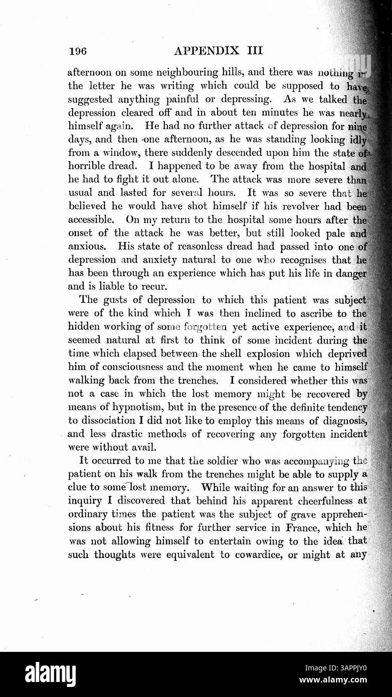 Il lavoro affronta il processo mentale della repressione, dove certi ricordi sono bloccati dal richiamo cosciente. L'autore sottolinea gli effetti negativi di questo processo nel contesto della nevrosi di guerra, suggerendo che la repressione interferisce con la guarigione emotiva. Si propone che affrontare ricordi dolorosi piuttosto che sopprimerli sia vitale per il successo terapeutico nel trattamento dei disturbi correlati al trauma. Foto Stock