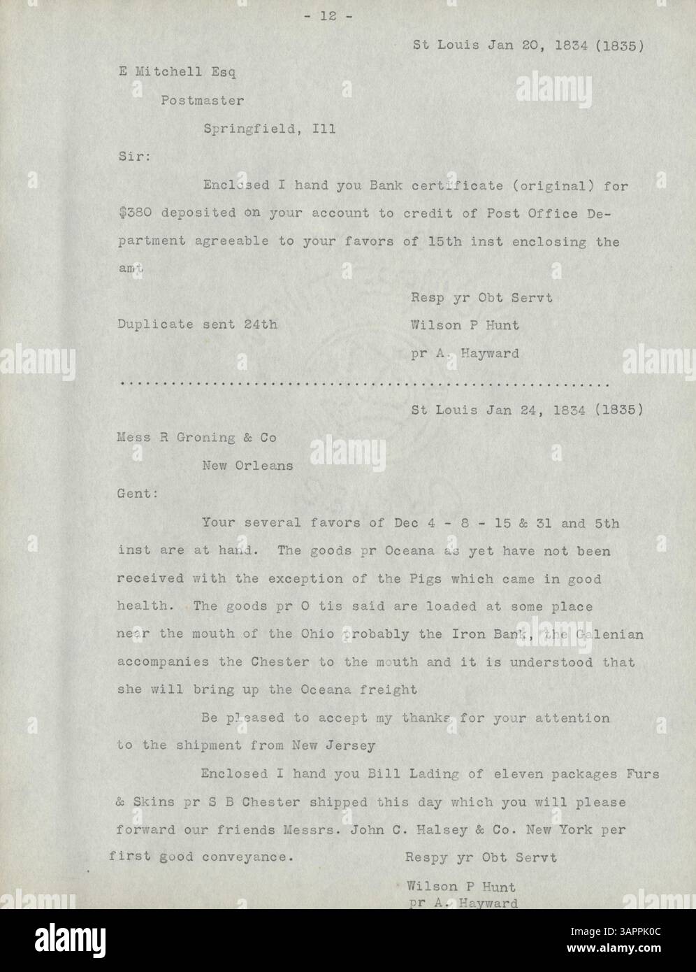 Questo libro di lettere dal 1834 al 1842 include una serie di lettere personali e professionali scritte da Wilson P. Hunt, conservate sia in formato scritto a mano che in caratteri. Le lettere sono una risorsa preziosa per studiare la storia dell'esplorazione americana del XIX secolo e lo sviluppo dell'Occidente americano. Foto Stock