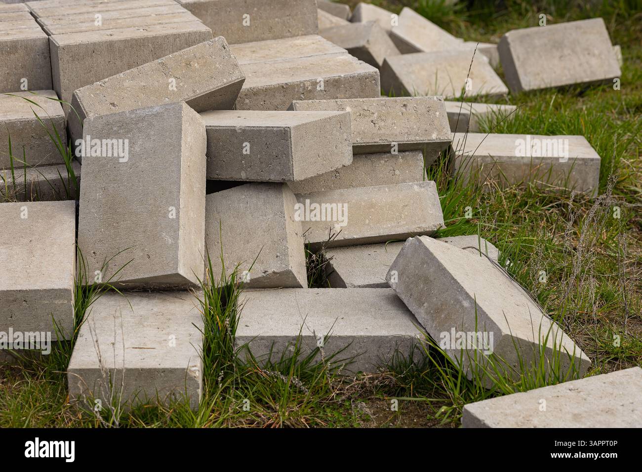 Blocchi di cemento posti su erba verde in un ambiente urbano all'aperto, simboleggiano il contrasto tra costruzione e natura Foto Stock