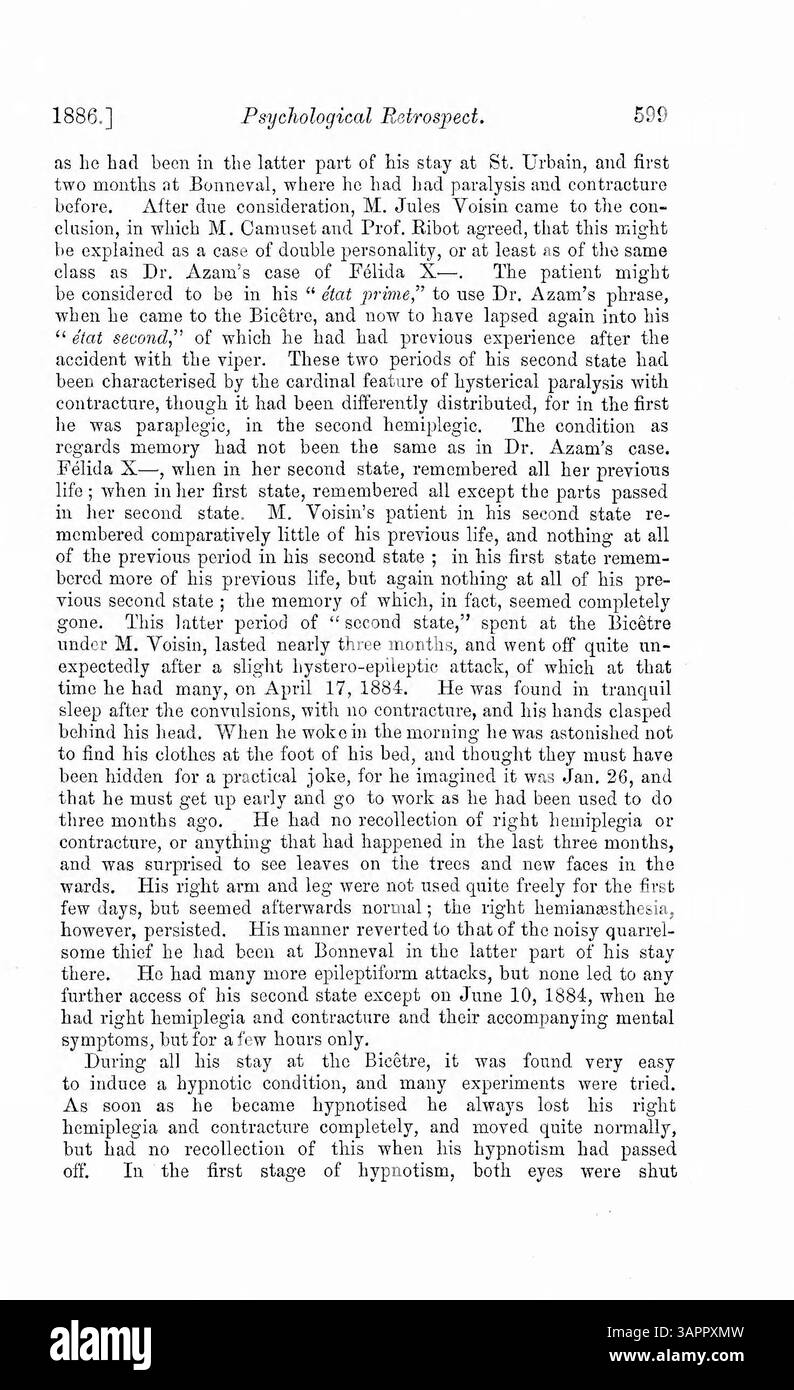 Il dottor Myers parla di Louis V., un uomo con personalità multiple, alcune delle quali sono gentili, mentre altre mostrano tratti come il tievery. Il caso viene confrontato con Felida X ed è incluso un grafico che illustra le differenze tra le personalità. Foto Stock