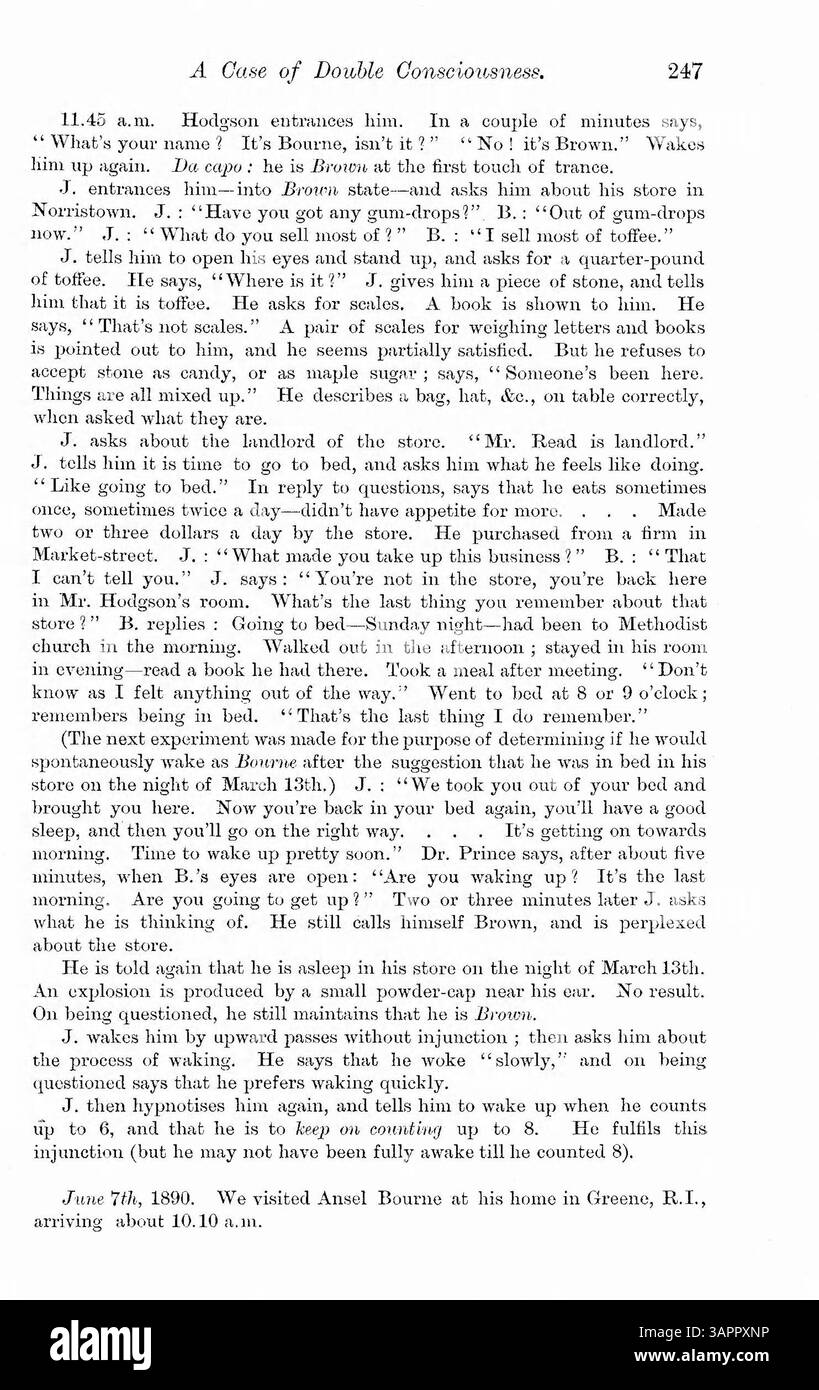 Ansel Bourne, un predicatore di 61 anni del Rhode Island, soffrì di una condizione post-epilettica nel 1887, portando alla formazione di un'identità secondaria, A.J. Brown. Il caso è documentato attraverso resoconti di prima mano della sua disfunzione cognitiva e dei cambiamenti comportamentali, con riferimenti al trauma infantile e alla depressione. L'ipnosi e le terapie suggestive sono proposte per il trattamento. Foto Stock